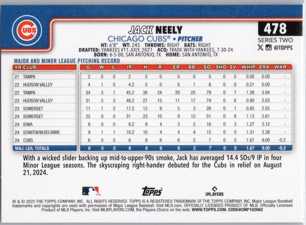 2025 Topps #478 Jack Neely Chicago Cubs