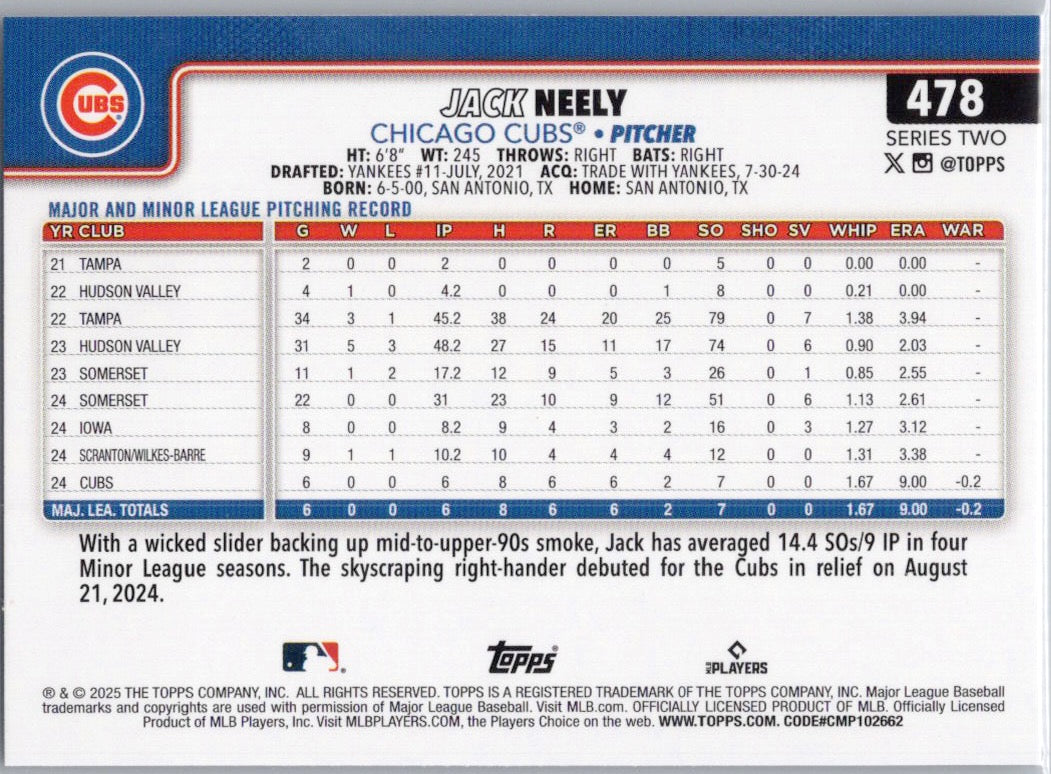 2025 Topps #478 Jack Neely Chicago Cubs
