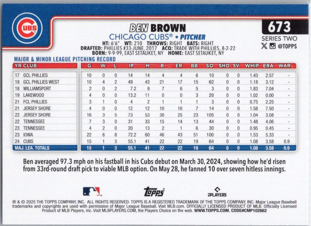 2025 Topps #673 Ben Brown Chicago Cubs