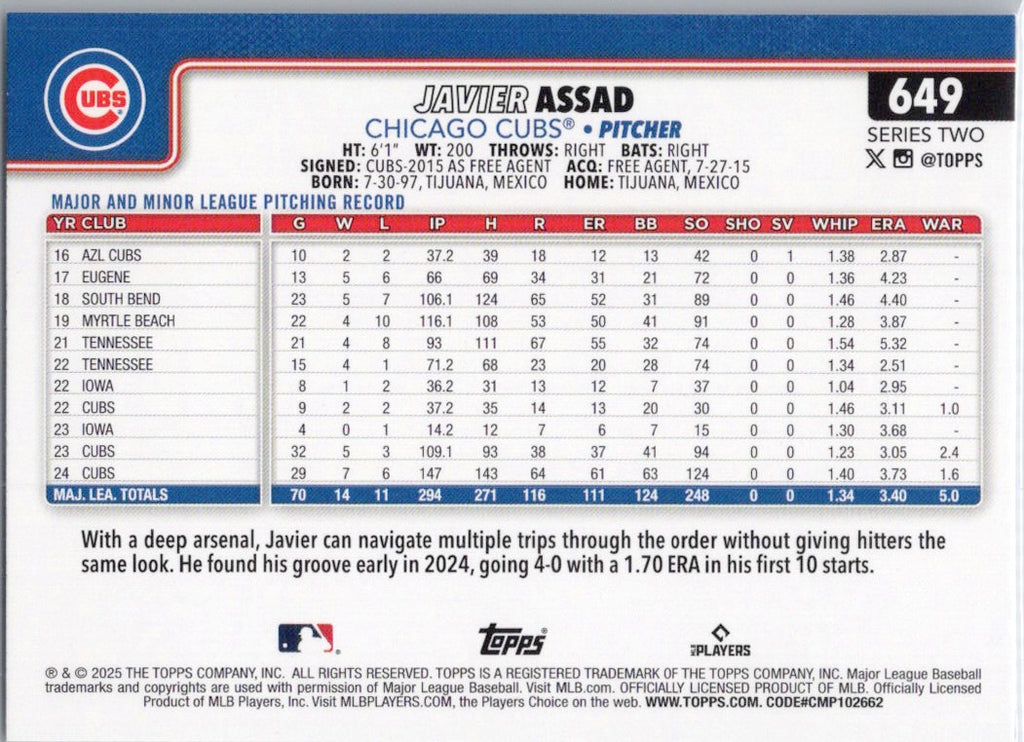 2025 Topps #649 Javier Assad Chicago Cubs