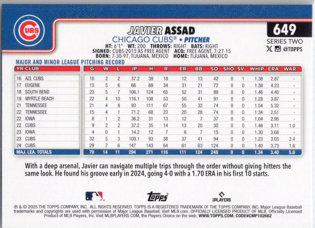 2025 Topps #649 Javier Assad Chicago Cubs