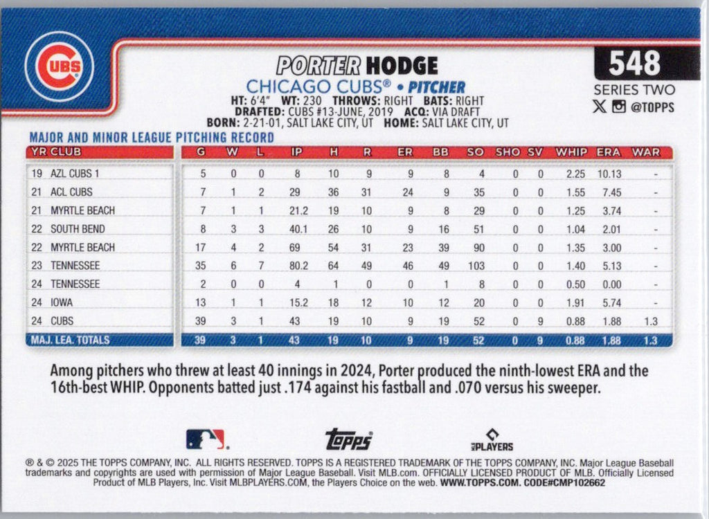 2025 Topps #548 Porter Hodge Chicago Cubs