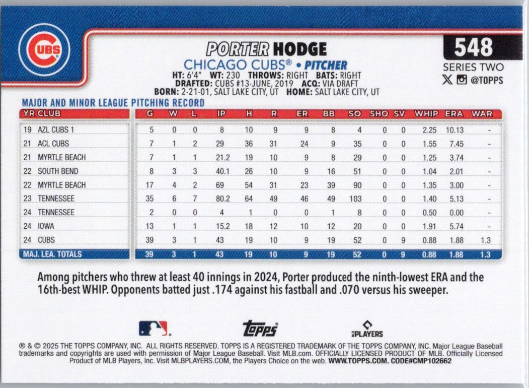 2025 Topps #548 Porter Hodge Chicago Cubs