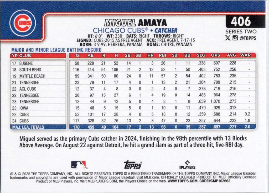 2025 Topps #406 Miguel Amaya Chicago Cubs