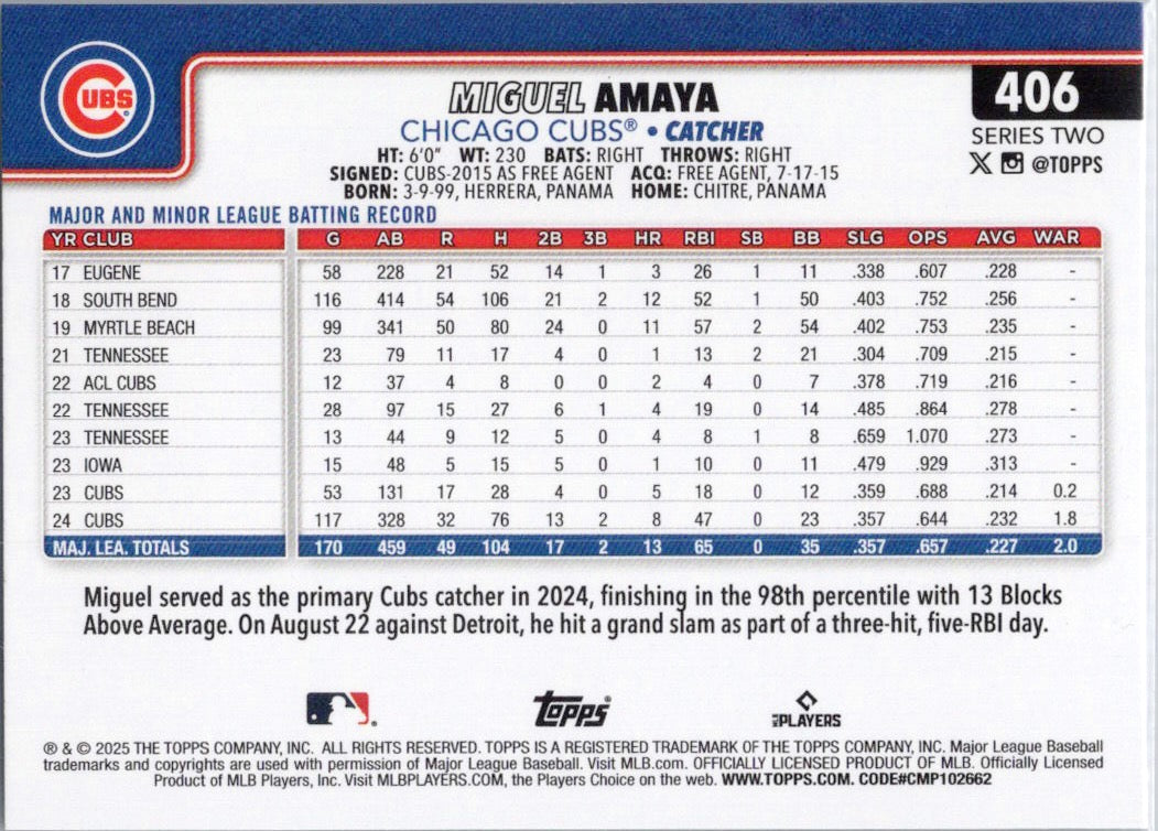 2025 Topps #406 Miguel Amaya Chicago Cubs