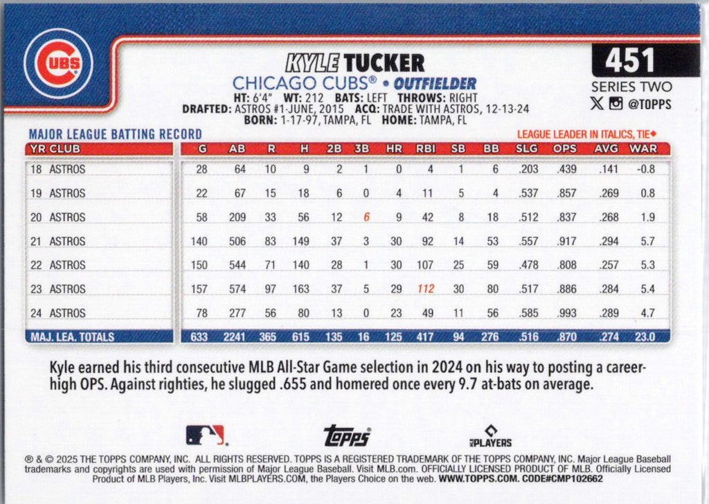2025 Topps #451 Kyle Tucker Chicago Cubs
