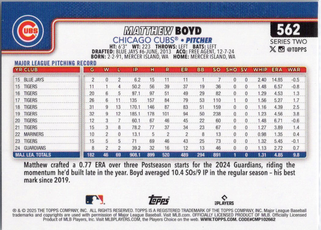 2025 Topps #562 Matthew Boyd Chicago Cubs