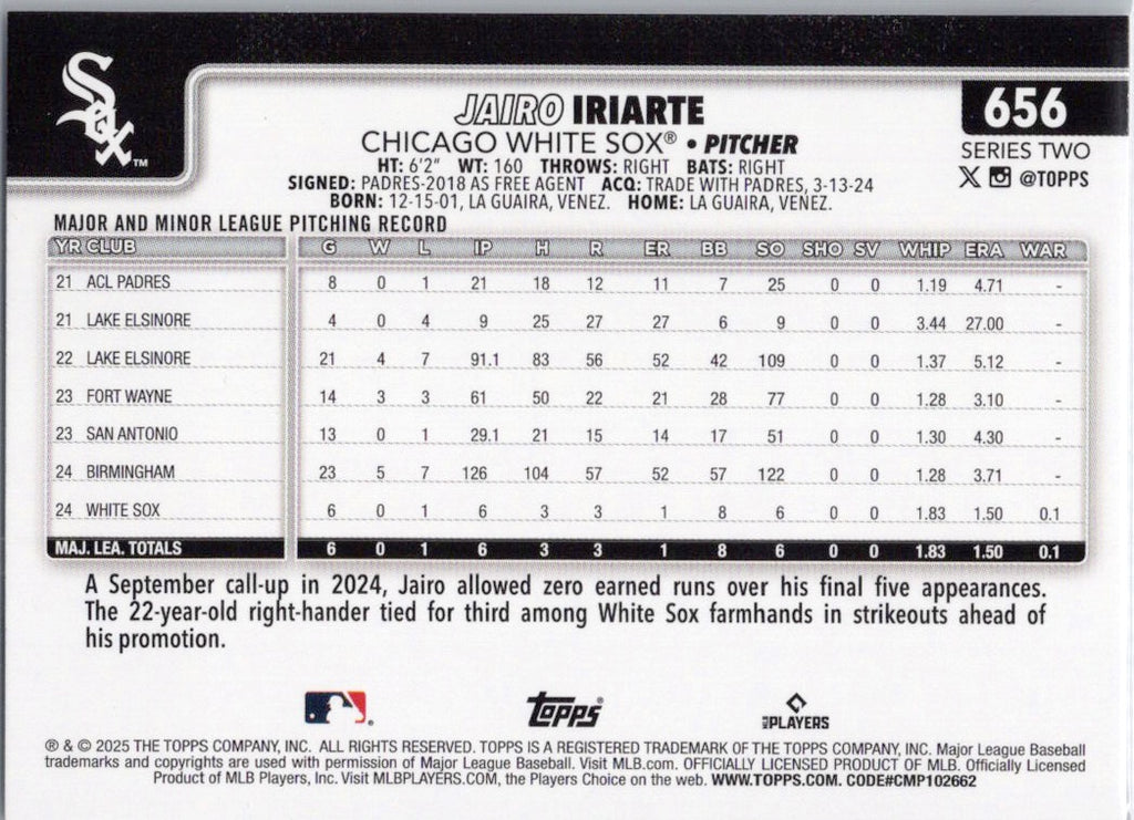 2025 Topps #656 Jairo Iriarte Chicago White Sox