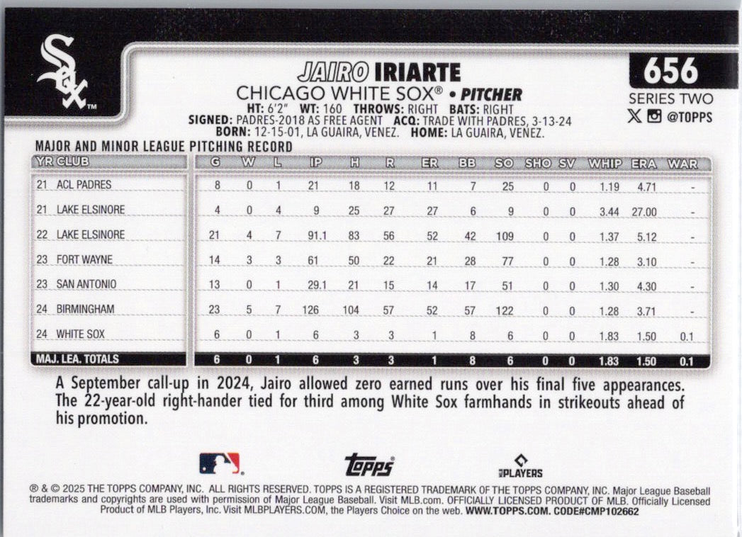 2025 Topps #656 Jairo Iriarte Chicago White Sox