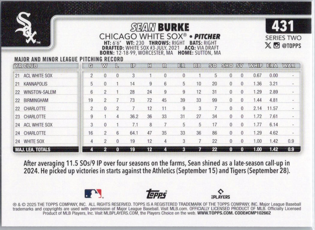 2025 Topps #431 Sean Burke Chicago White Sox