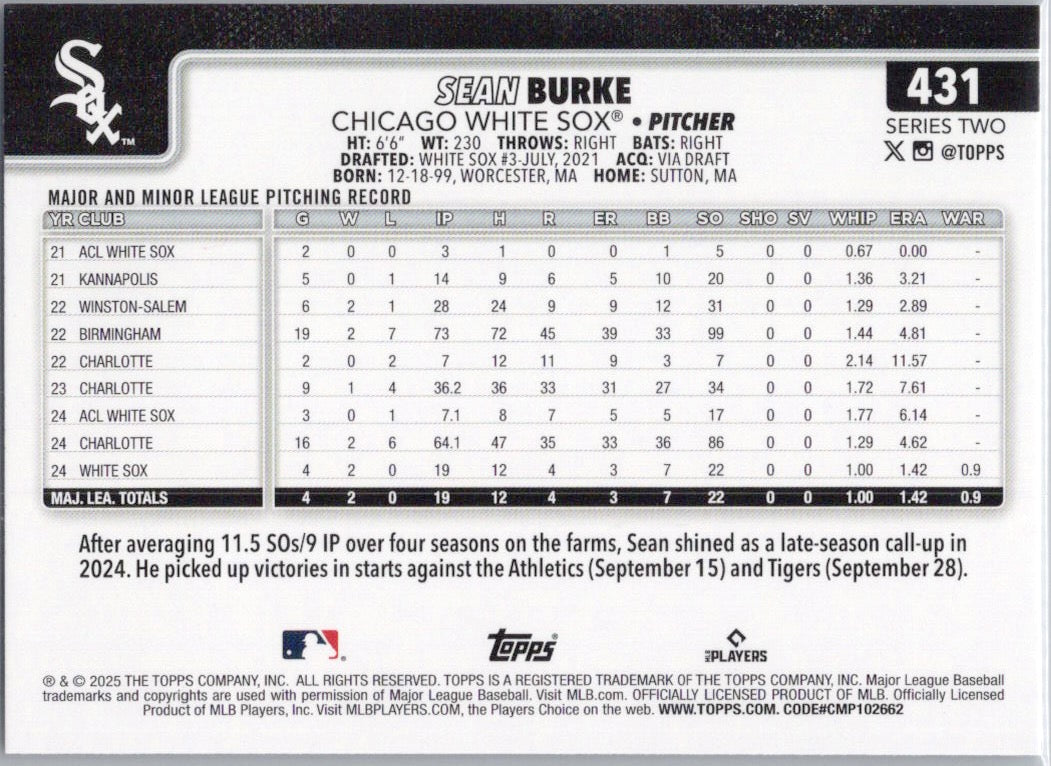 2025 Topps #431 Sean Burke Chicago White Sox
