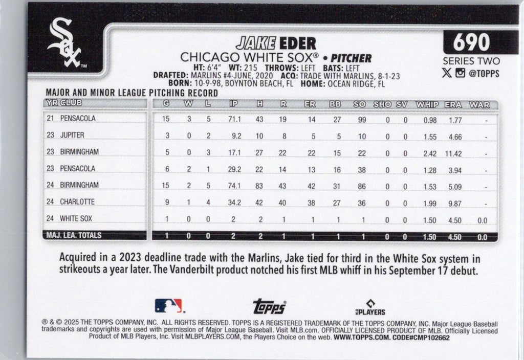 2025 Topps #690 Jake Eder Chicago White Sox