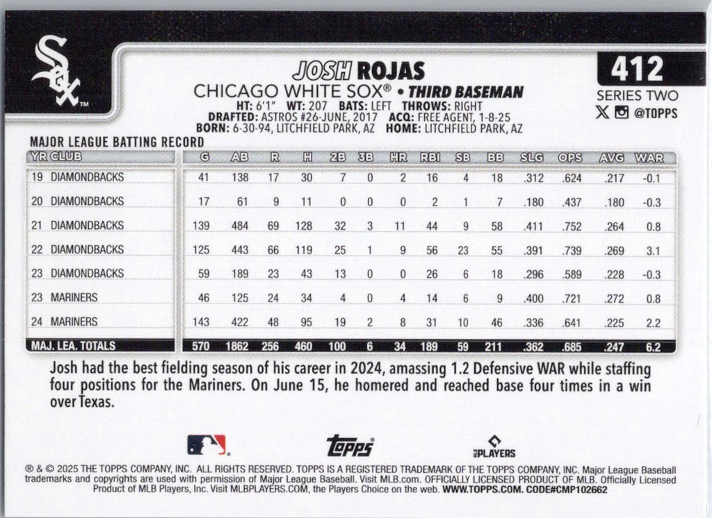 2025 Topps #412 Josh Rojas Chicago White Sox