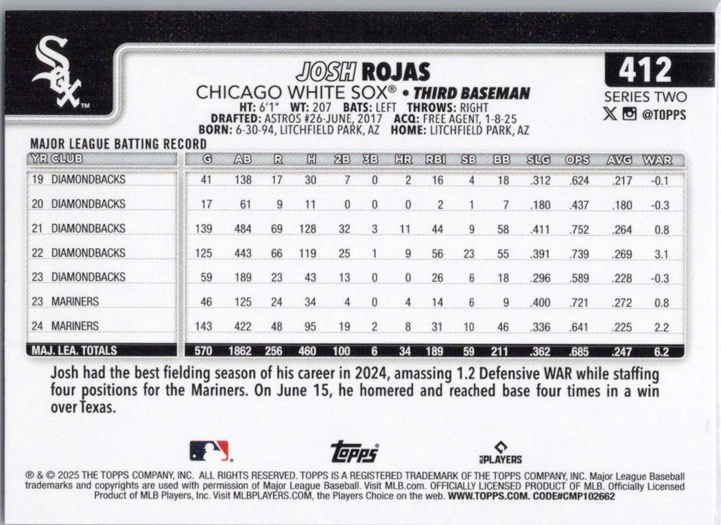 2025 Topps #412 Josh Rojas Chicago White Sox