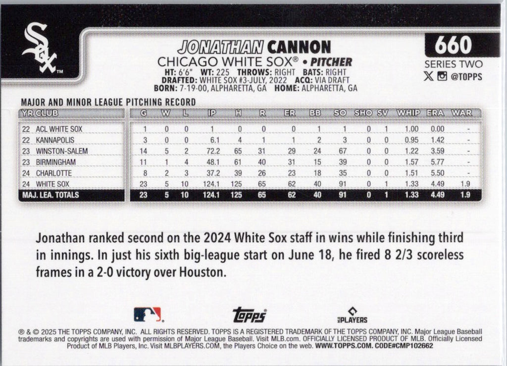 2025 Topps #660 Jonathan Cannon Chicago White Sox