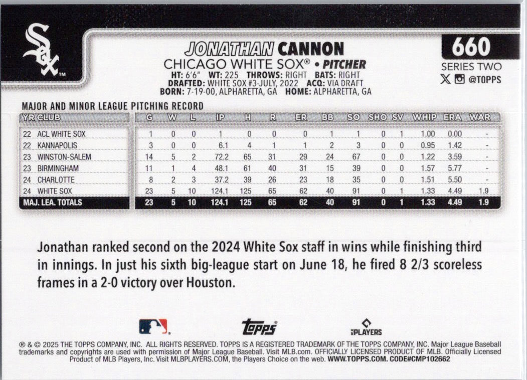 2025 Topps #660 Jonathan Cannon Chicago White Sox