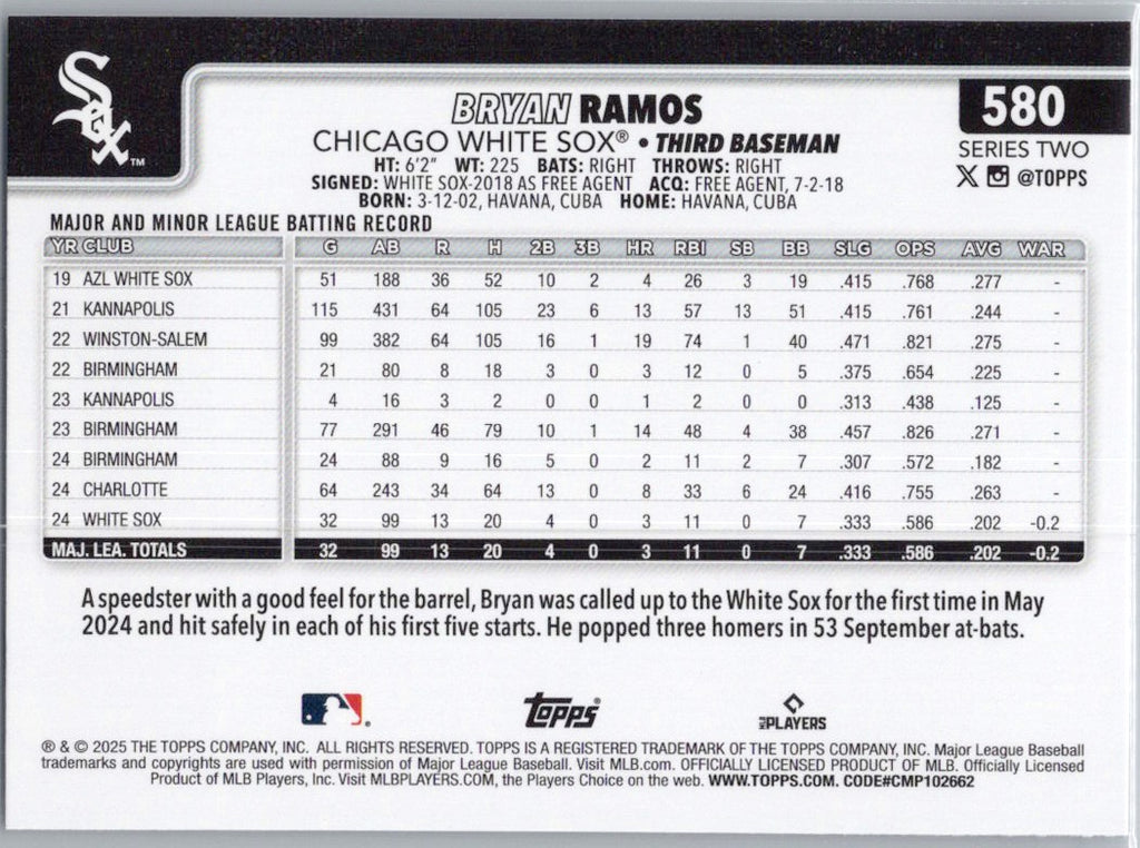 2025 Topps #580 Bryan Ramos Chicago White Sox