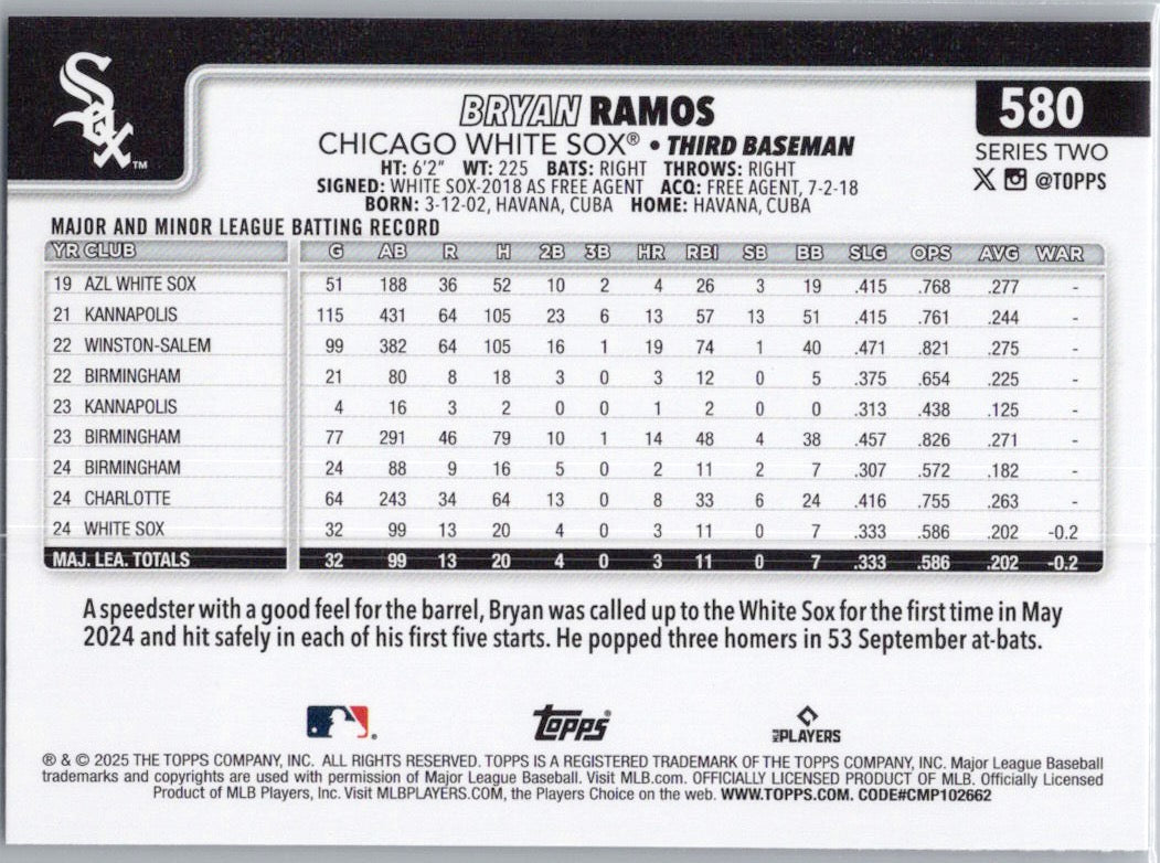 2025 Topps #580 Bryan Ramos Chicago White Sox