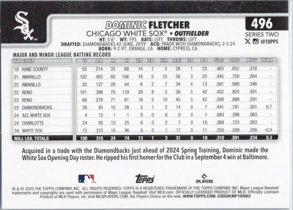 2025 Topps #496 Dominic Fletcher Chicago White Sox