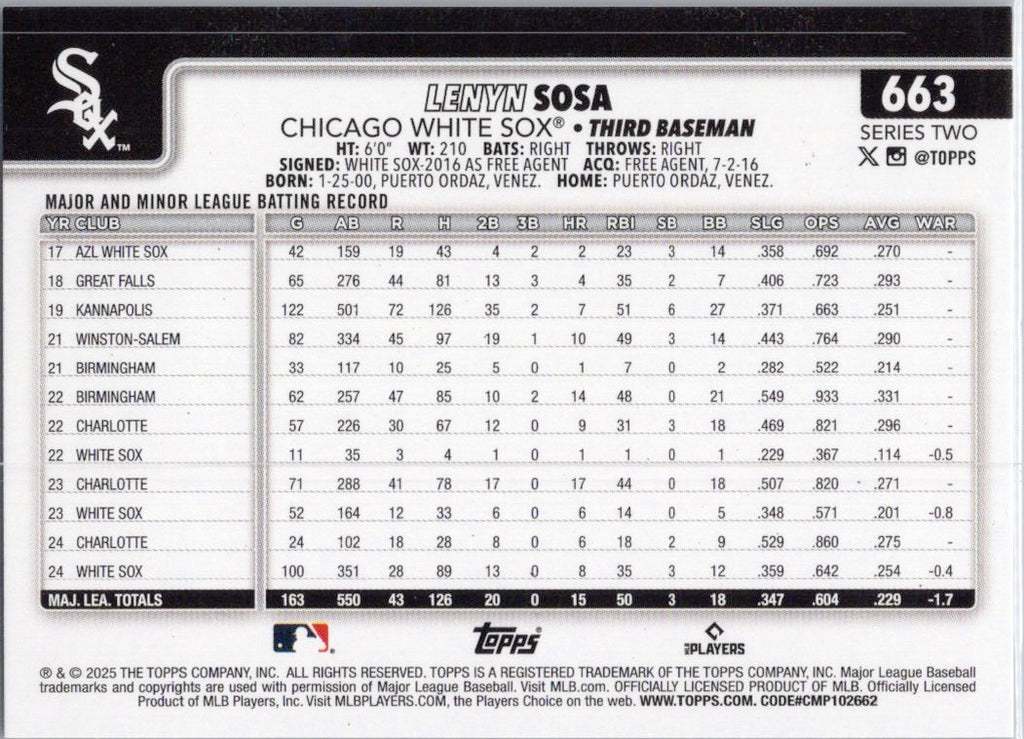 2025 Topps #663 Lenyn Sosa Chicago White Sox