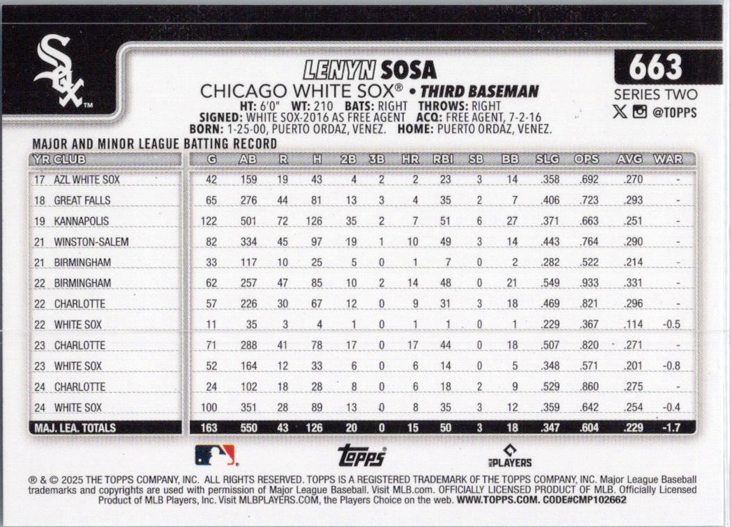 2025 Topps #663 Lenyn Sosa Chicago White Sox