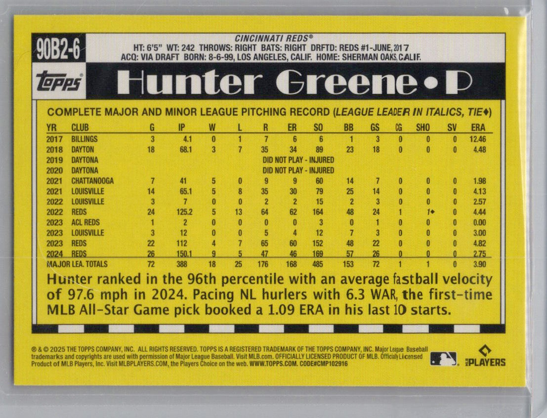 2025 Topps #90B2-6 Hunter Greene 1990 Topps Baseball 35th Anniversary (Series 2)