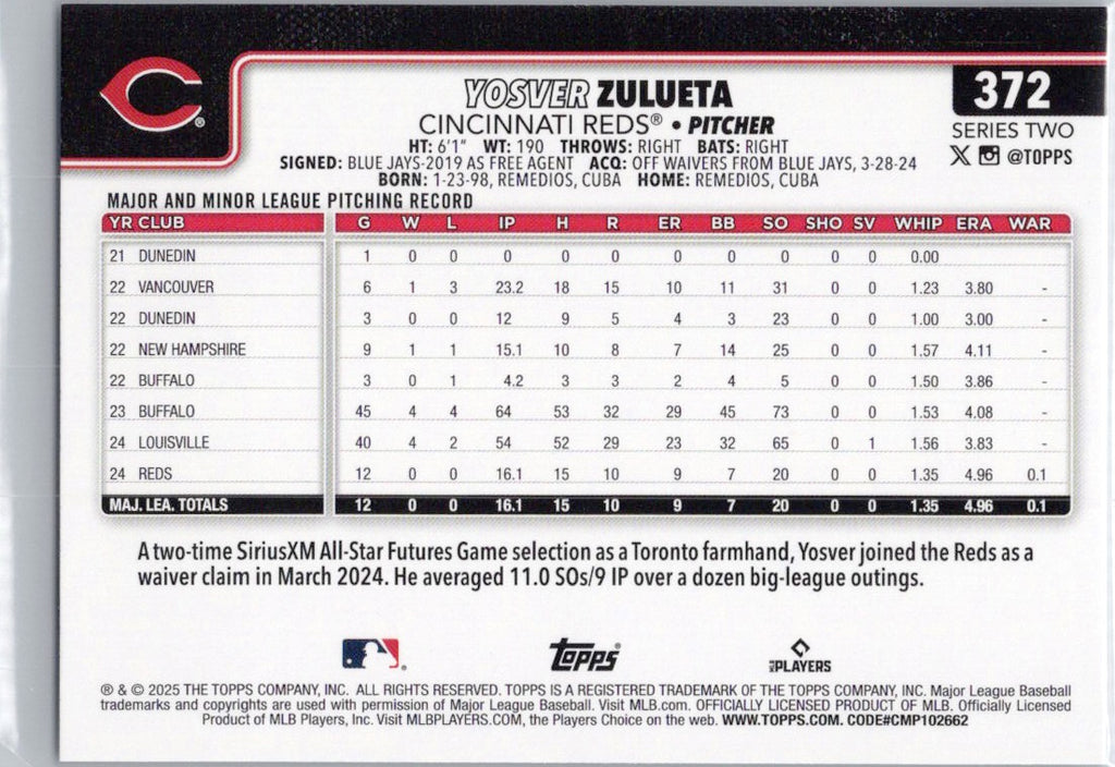 2025 Topps #372 Yosver Zulueta Cincinnati Reds