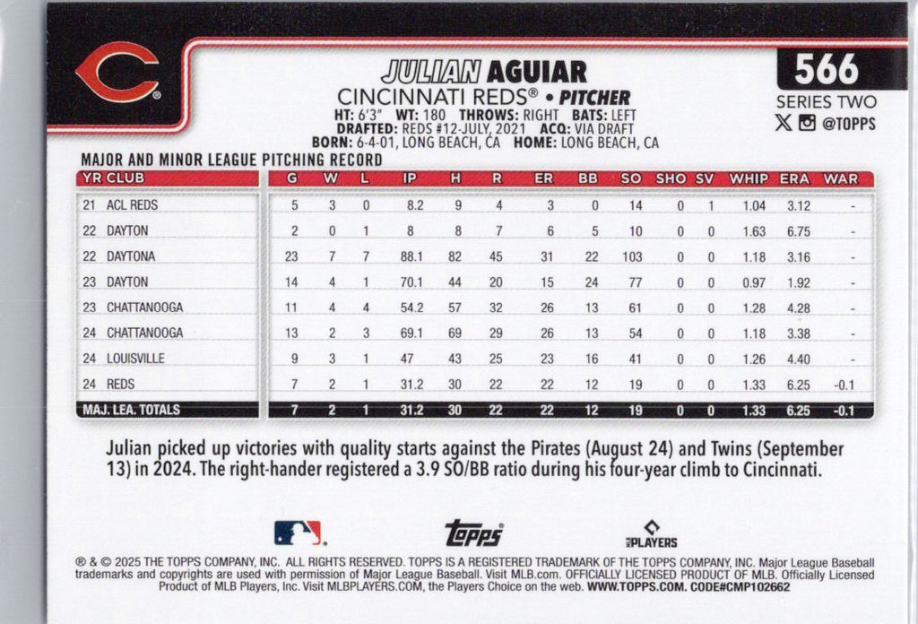 2025 Topps #566 Julian Aguiar Cincinnati Reds