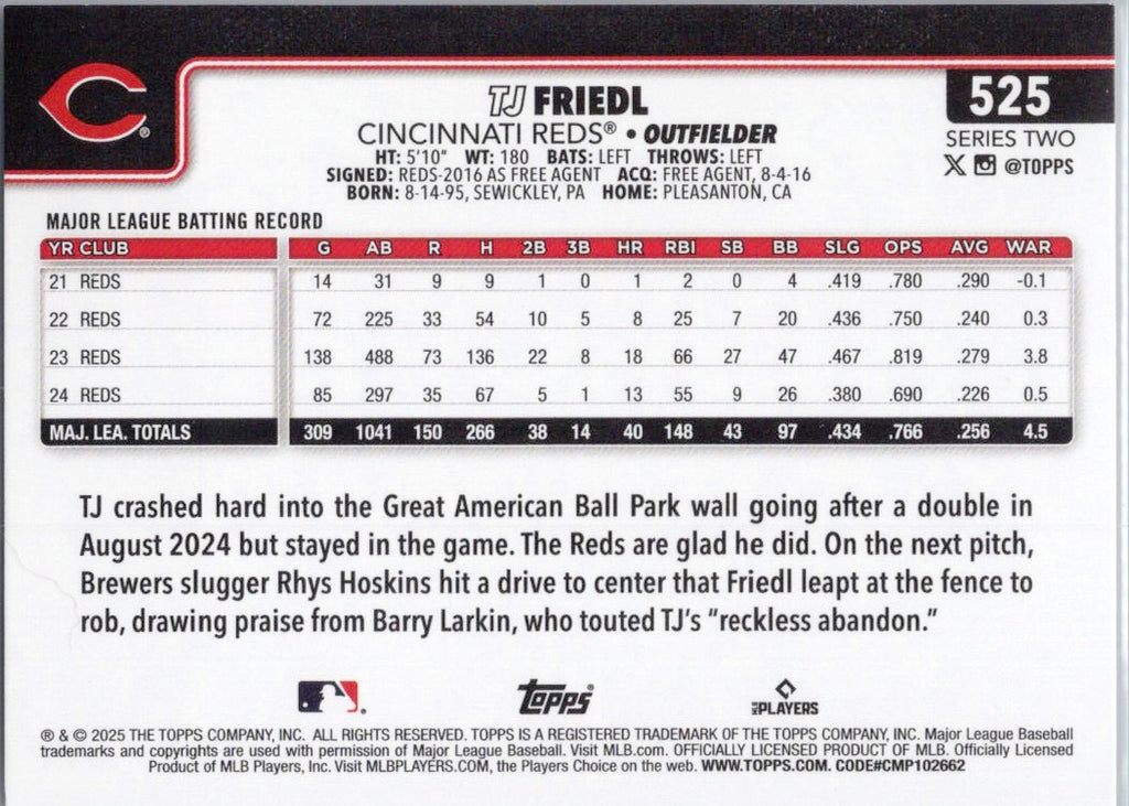 2025 Topps #525 TJ Friedl Cincinnati Reds