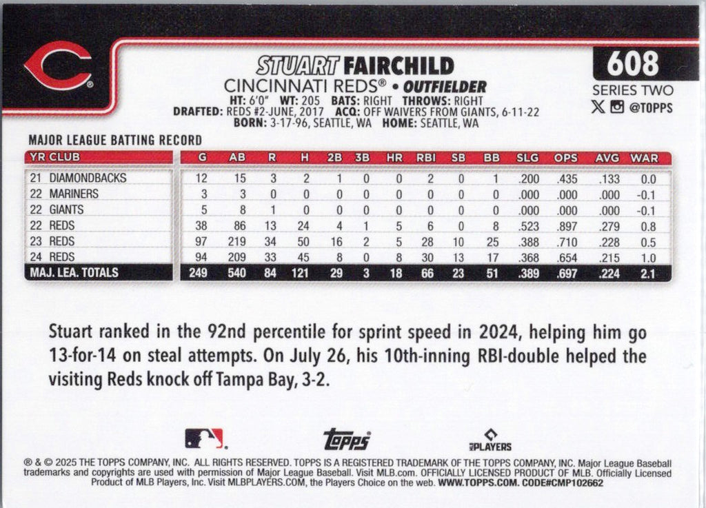 2025 Topps #608 Stuart Fairchild Cincinnati Reds