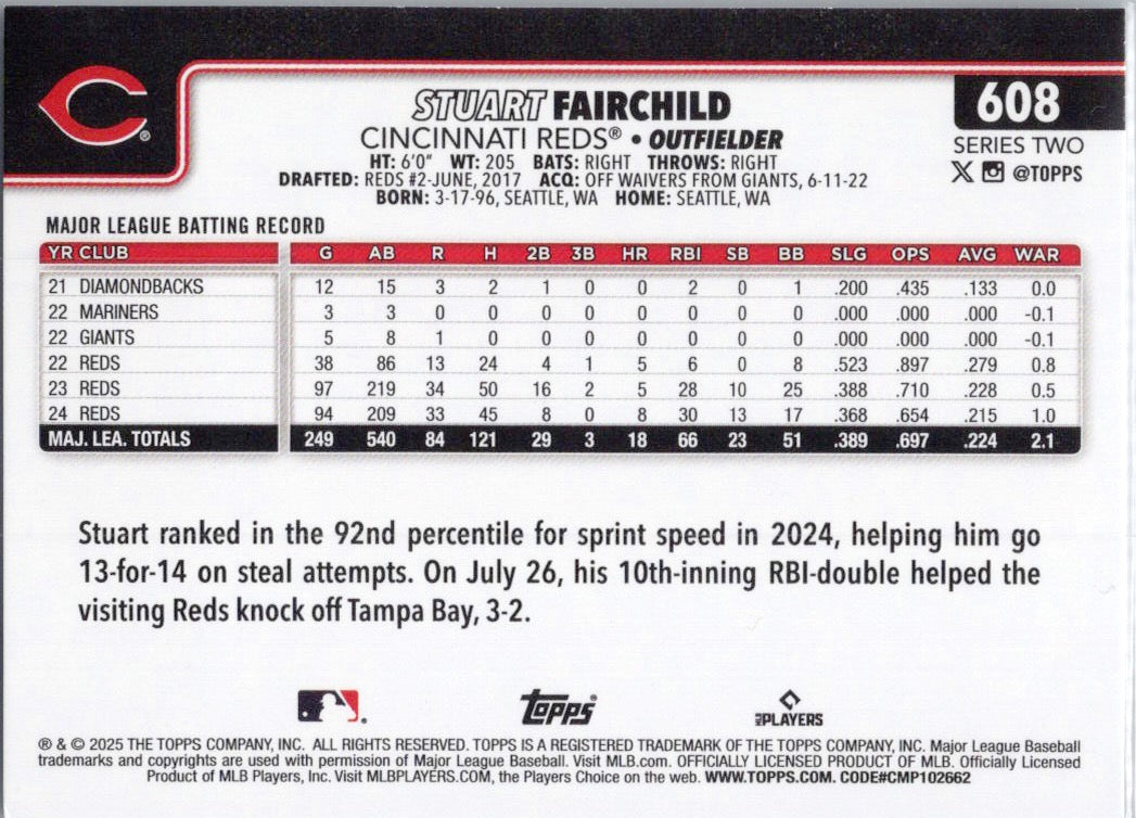 2025 Topps #608 Stuart Fairchild Cincinnati Reds