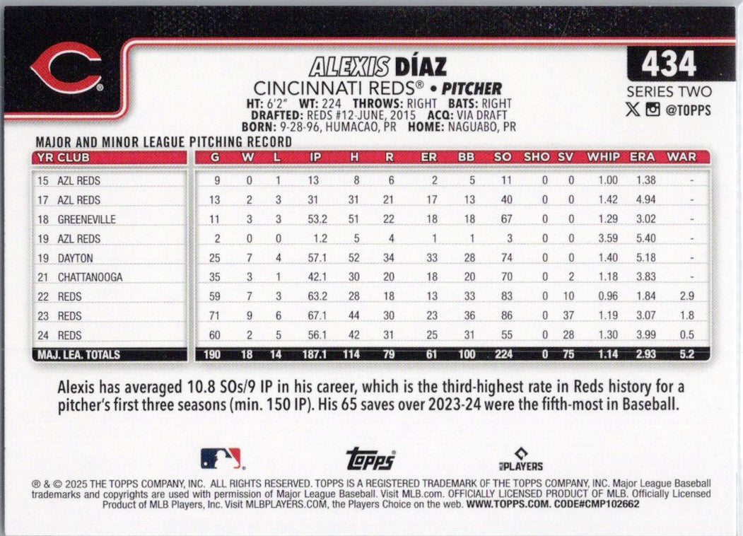 2025 Topps #434 Alexis Díaz Cincinnati Reds