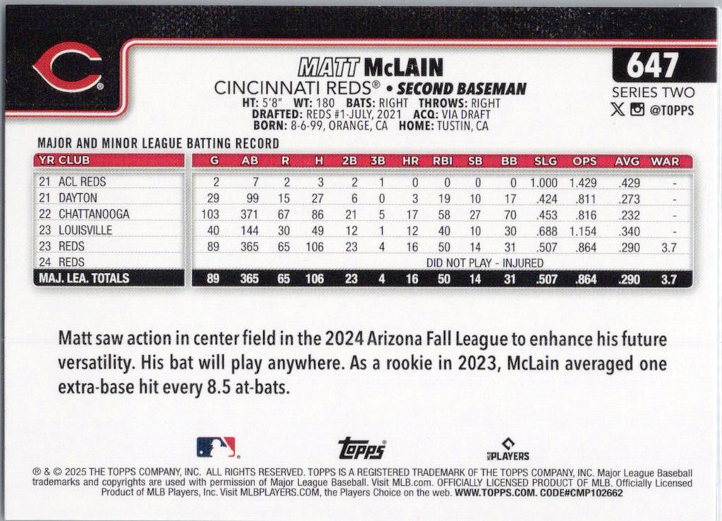 2025 Topps #647 Matt McLain Cincinnati Reds