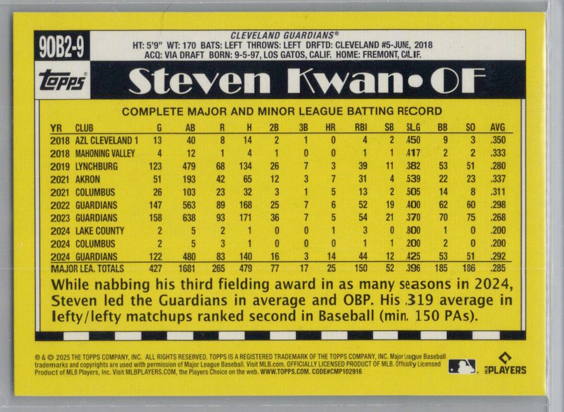 2025 Topps #90B2-9 Steven Kwan 1990 Topps Baseball 35th Anniversary (Series Two) Cleveland Guardians