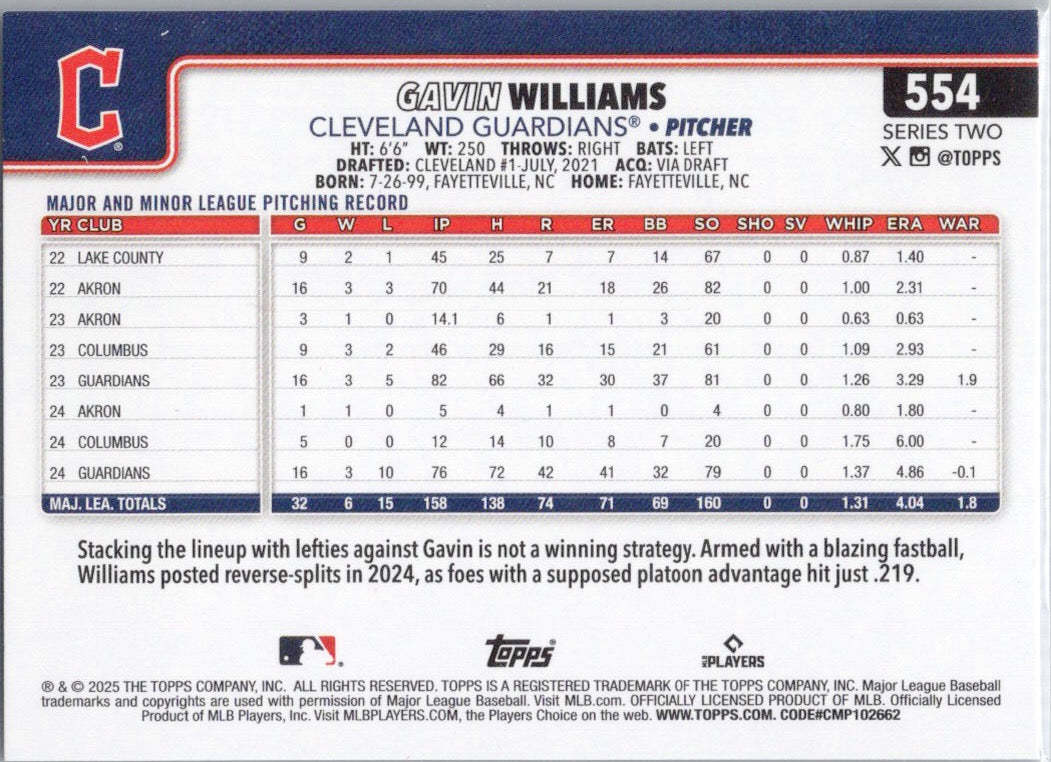 2025 Topps #554 Gavin Williams Cleveland Guardians