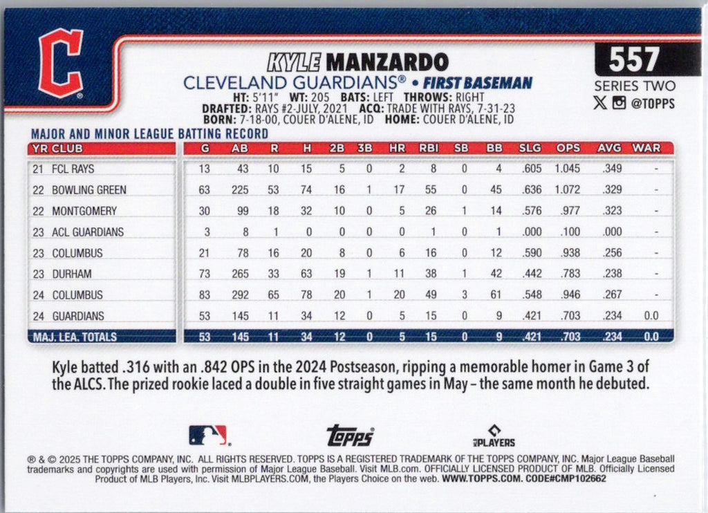 2025 Topps #557 Kyle Manzardo Cleveland Guardians