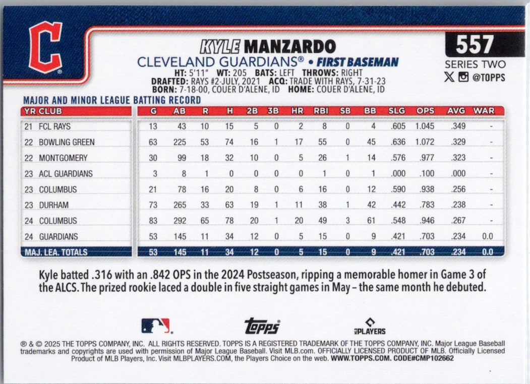 2025 Topps #557 Kyle Manzardo Cleveland Guardians