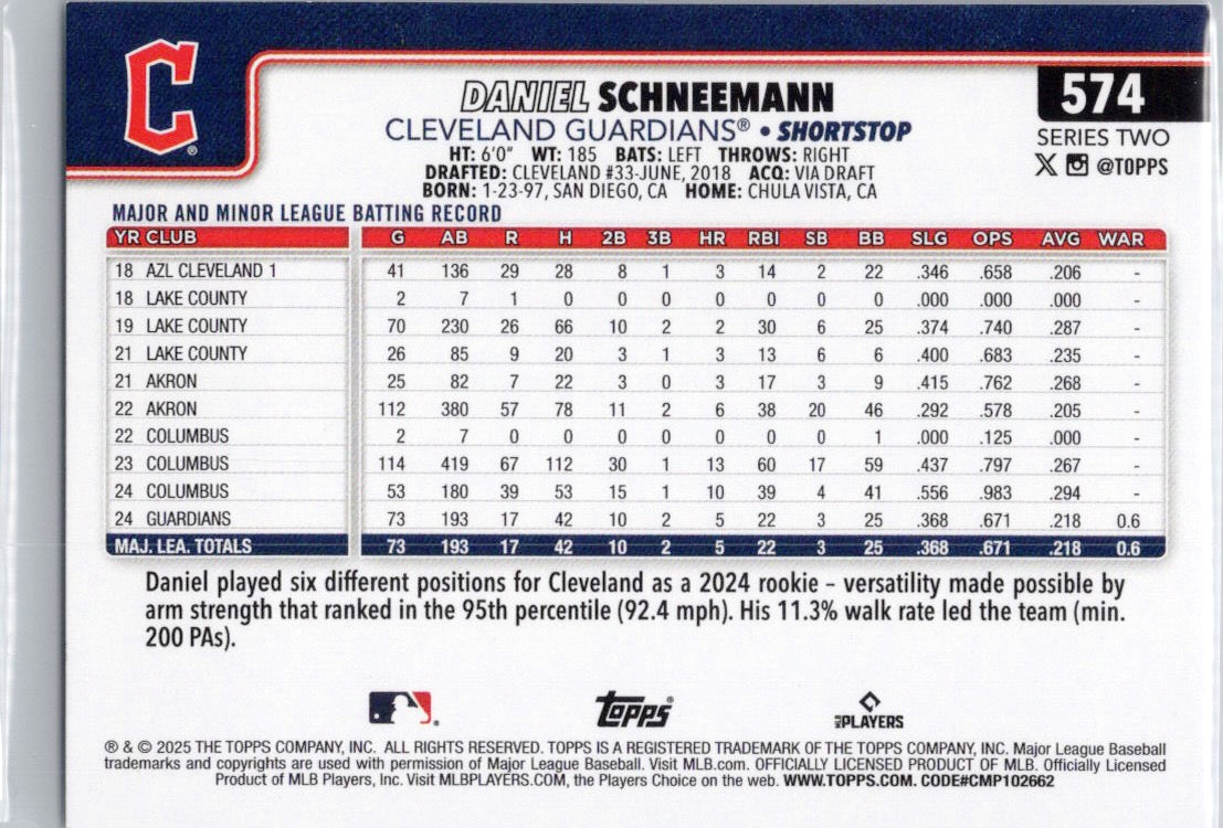 2025 Topps #574 Daniel Schneemann Cleveland Guardians