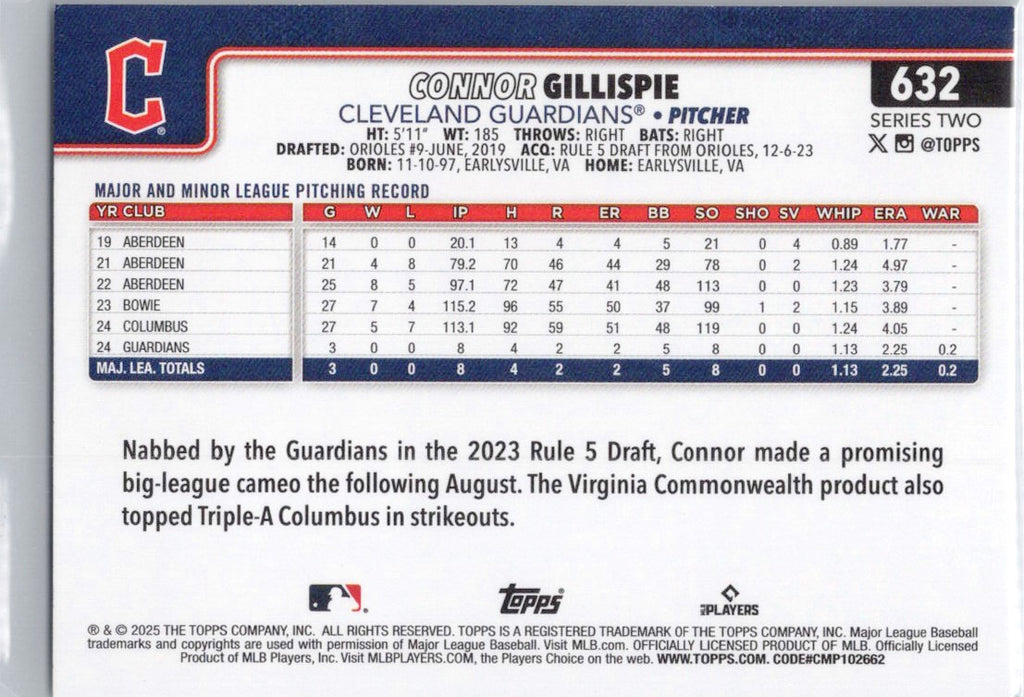 2025 Topps #632 Connor Gillispie Cleveland Guardians