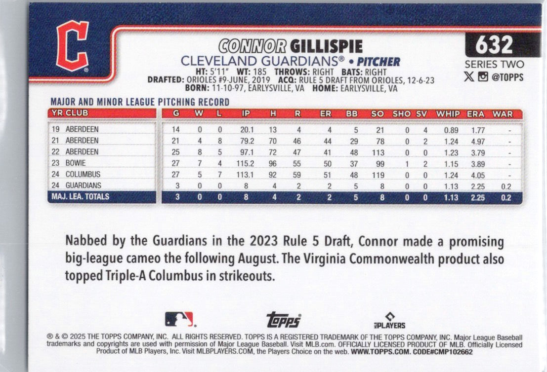 2025 Topps #632 Connor Gillispie Cleveland Guardians