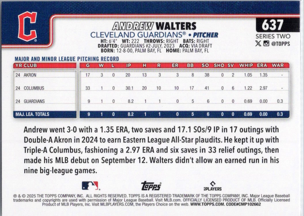 2025 Topps #637 Andrew Walters Cleveland Guardians