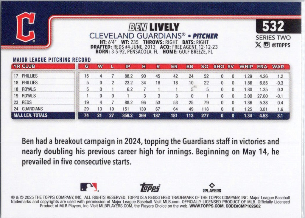 2025 Topps #532 Ben Lively Cleveland Guardians