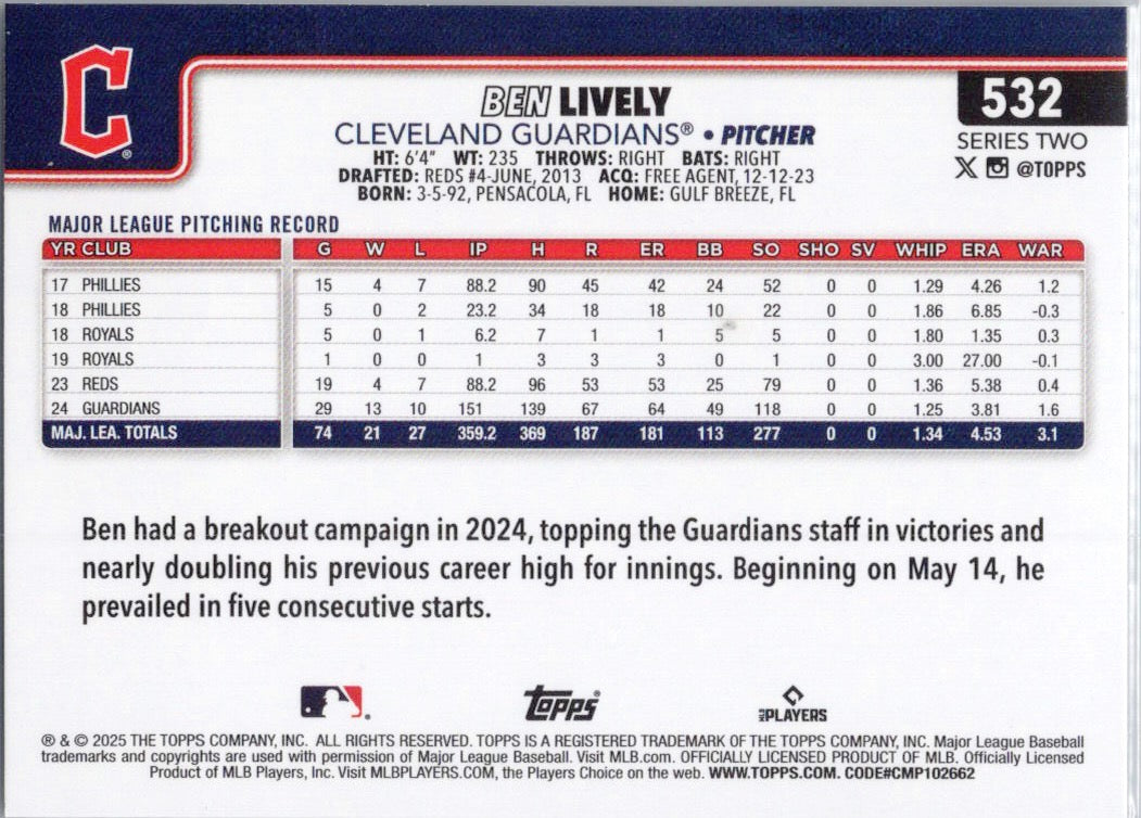 2025 Topps #532 Ben Lively Cleveland Guardians