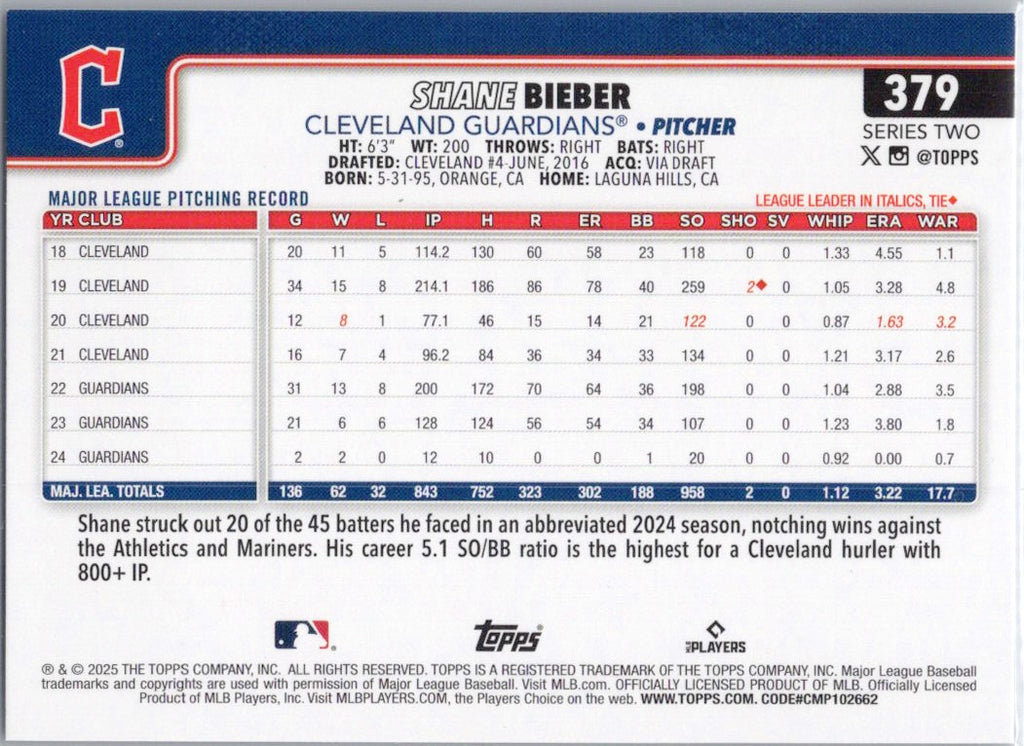 2025 Topps #379 Shane Bieber Cleveland Guardians