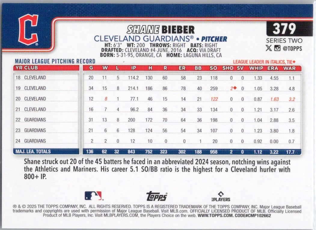 2025 Topps #379 Shane Bieber Cleveland Guardians