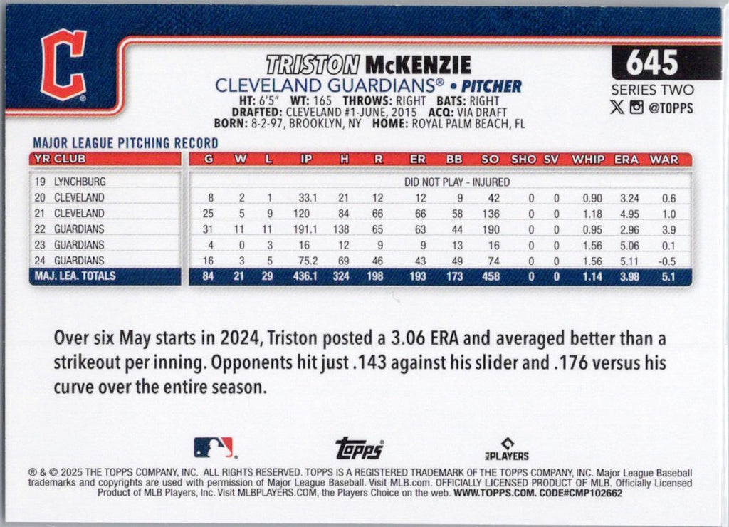 2025 Topps #645 Triston McKenzie Cleveland Guardians