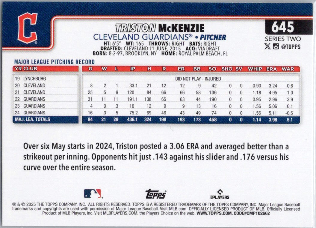 2025 Topps #645 Triston McKenzie Cleveland Guardians