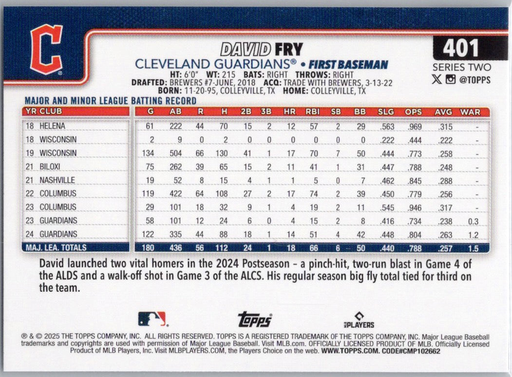 2025 Topps #401 David Fry Cleveland Guardians