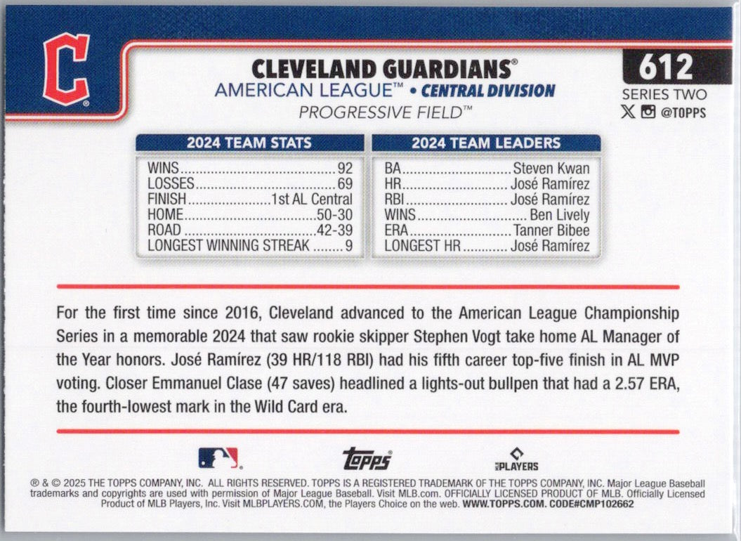 2025 Topps #612 Cleveland Guardians Cleveland Guardians