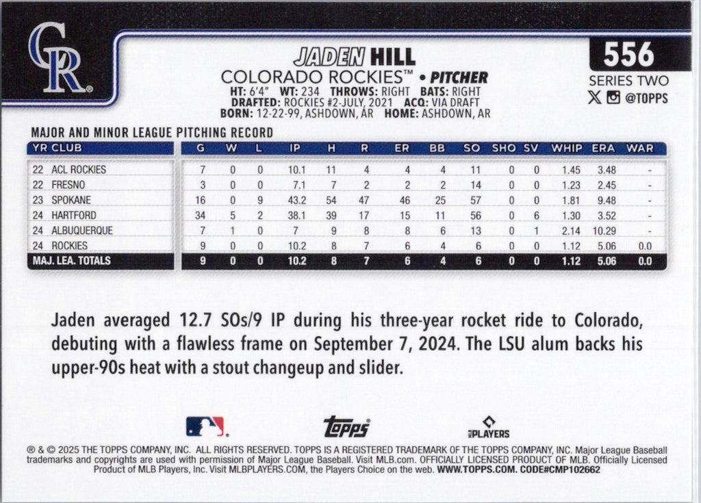2025 Topps #556 Jaden Hill Colorado Rockies